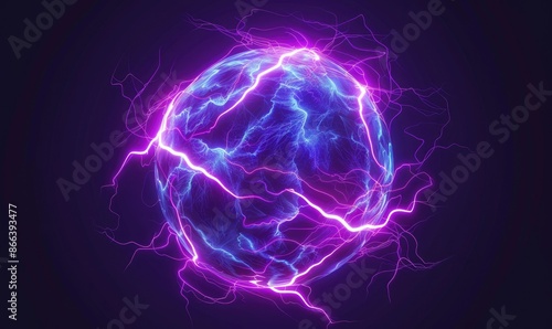 Vibrant electric ball with purple and blue energy streaks, glowing against a dark background, creating a dynamic and futuristic visual effect. © Autaporn