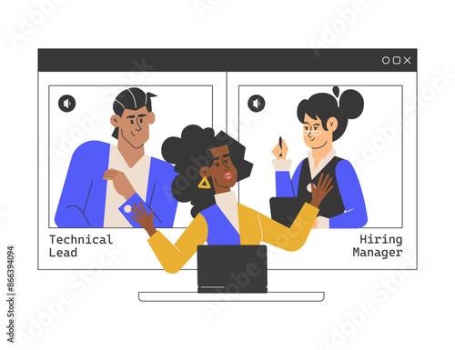 A virtual job interview concept with a candidate and two interviewers, including a technical lead and a hiring manager, on a video call. modern hiring process with remote interviews. Vector.