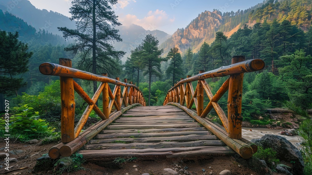 A charming wooden pathway bridge guiding into a dense pine forest trail surrounded by lush greenery and stunning mountainous background under the clear sky. A charming wooden pathway bridge guiding into a dense pine forest trail surrounded by lush greenery and stunning mountainous background under the clear sky.