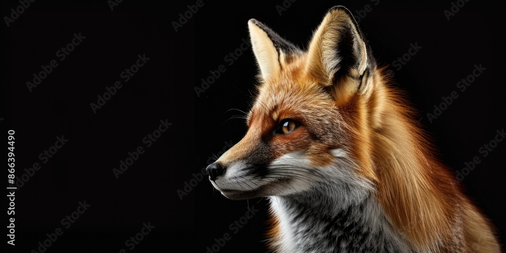 Obraz premium Portrait of a red fox, photo studio set up with key light, isolated with black background and copy space.