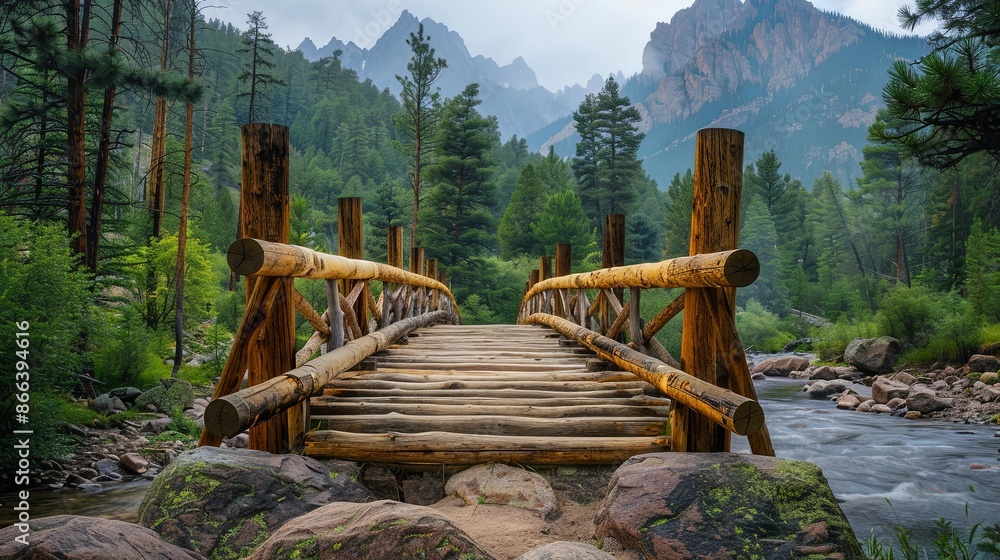 A rustic wooden bridge spans a flowing mountain river, surrounded by rugged terrain and tall pine trees, against a backdrop of imposing mountain peaks and overcast skies. A rustic wooden bridge spans a flowing mountain river, surrounded by rugged terrain and tall pine trees, against a backdrop of imposing mountain peaks and overcast skies.