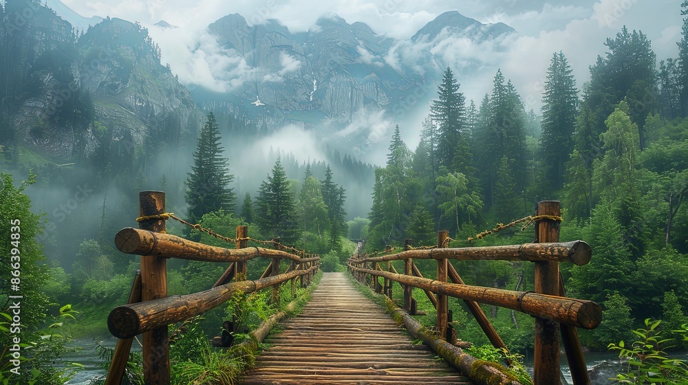 This foggy mountain image features a wooden bridge cutting through a dense pine forest, evoking mystery and the untouched beauty of nature's wilderness. This foggy mountain image features a wooden bridge cutting through a dense pine forest, evoking mystery and the untouched beauty of nature's wilderness.