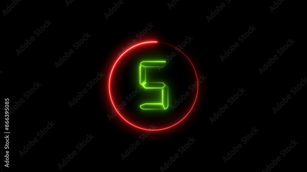 abstract green color neon light countdown five number red circle 4k illustration on black background. abstract green color neon light countdown five number red circle 4k illustration on black background.