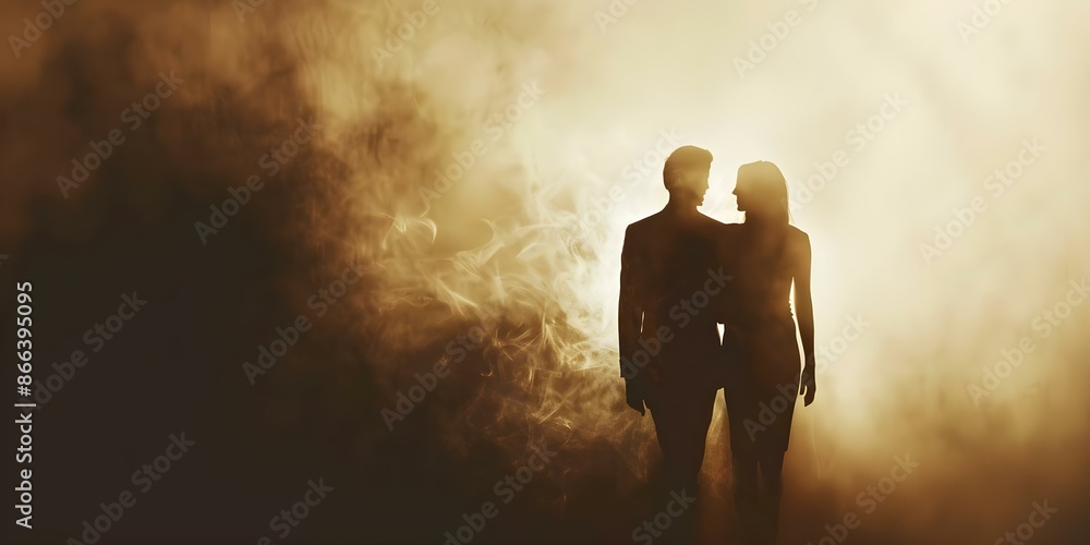 Fototapeta premium Silhouetted couple in turmoil facing away symbolizing broken vows and divided love. Concept Silhouette Photography, Emotion in Portraits, Love Story Narratives, Relationship Troubles