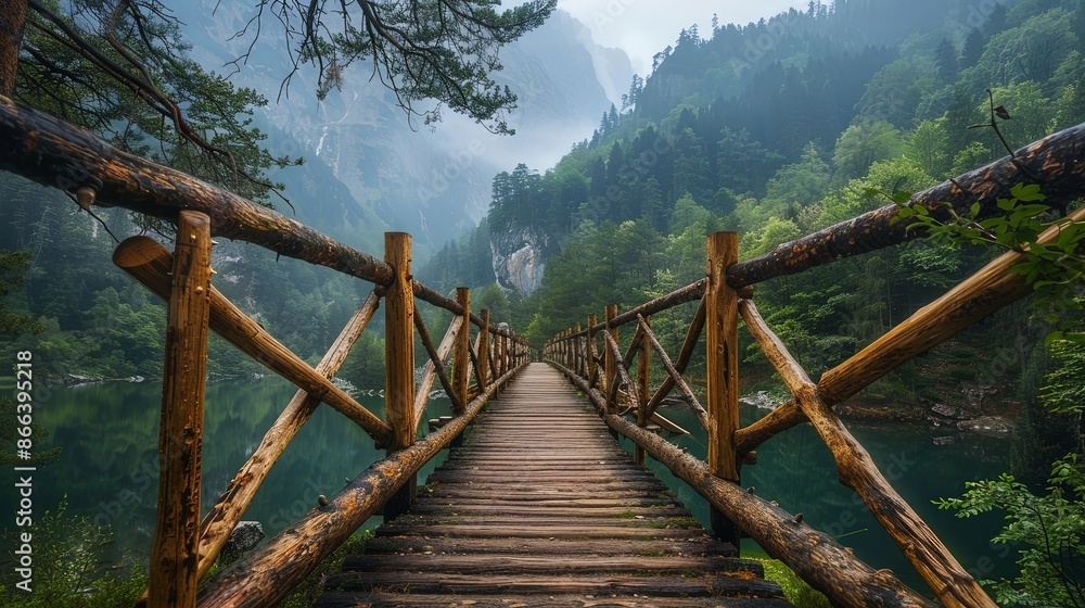An elegant wooden bridge stretches across a serene mountain valley, enveloped in lush green foliage and towering trees, offering a tranquil escape into nature. An elegant wooden bridge stretches across a serene mountain valley, enveloped in lush green foliage and towering trees, offering a tranquil escape into nature.