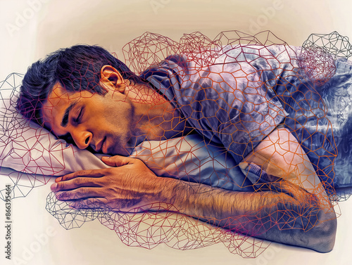 Obraz na płótnie A man is sleeping on his side with a complex network of colorful geometric lines overlaying his body, symbolizing the connection between sleep apnea and its effects on the body w salonie