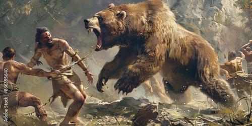  Primitive people attack a prehistoric cave bear.