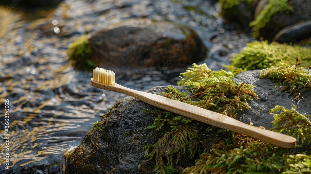 Bamboo toothbrush resting on rocks by stream with moss Bamboo toothbrush resting on rocks by stream with moss