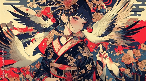 "Elegance in Tradition: Illustration of a Woman Wearing Traditional Japanese Attire"