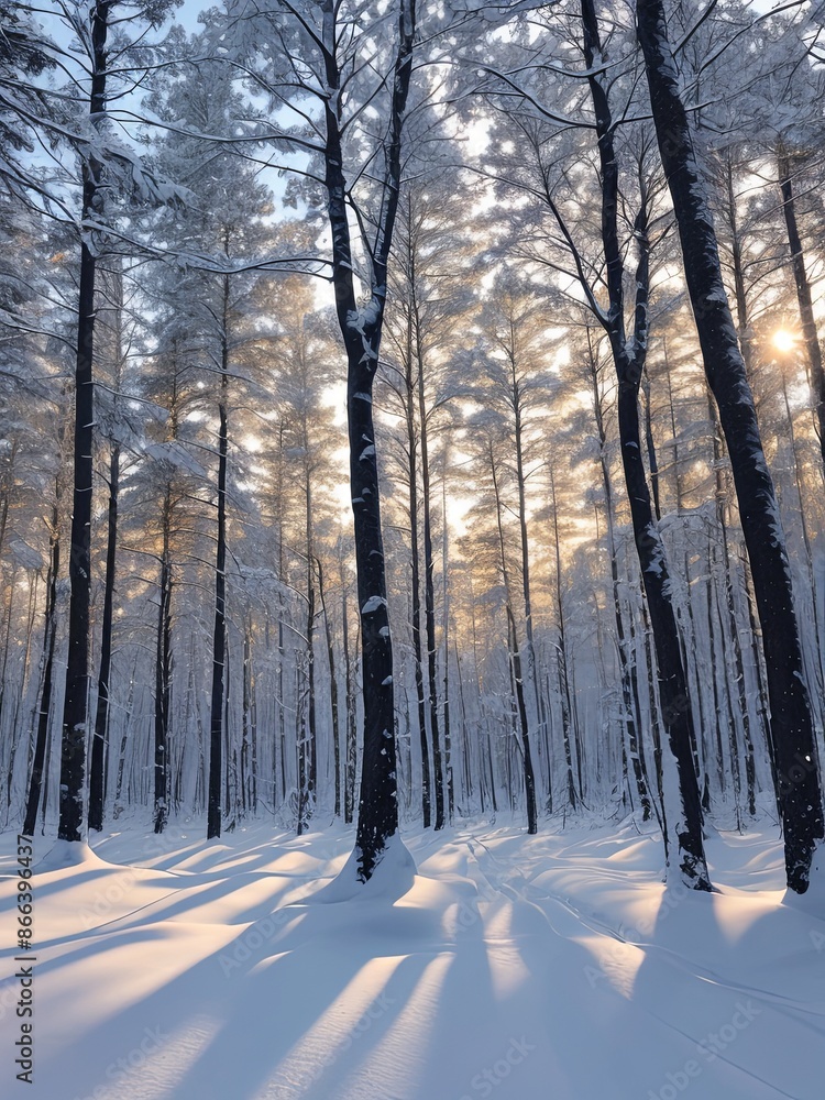 Sunlit Winter Forest with Snow-Covered Trees Sunlit Winter Forest with Snow-Covered Trees