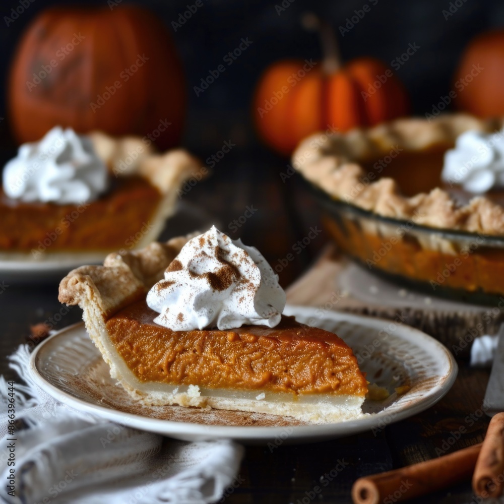 Pumpkin pie with a flaky pastry crust and a spiced pumpkin filling, served with a dollop of whipped cream and a sprinkle of cinnamon Pumpkin pie with a flaky pastry crust and a spiced pumpkin filling, served with a dollop of whipped cream and a sprinkle of cinnamon