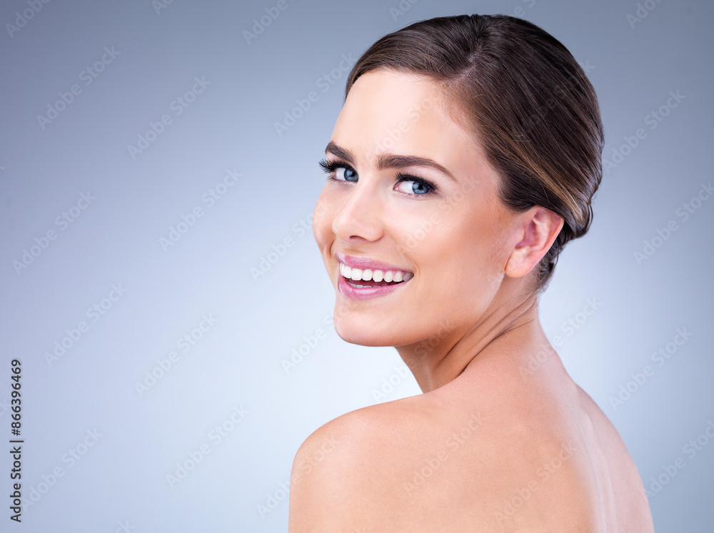 Skincare, happy woman or portrait in studio for glow, natural beauty or cosmetics on grey background. Proud, vitamin c and elegant model with shine, facial hydration treatment or dermatology results Skincare, happy woman or portrait in studio for glow, natural beauty or cosmetics on grey background. Proud, vitamin c and elegant model with shine, facial hydration treatment or dermatology results