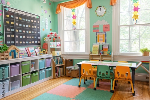 Bright and colorful classroom with organized storage, desks, and educational decorations, ideal for preschool or early elementary education.
