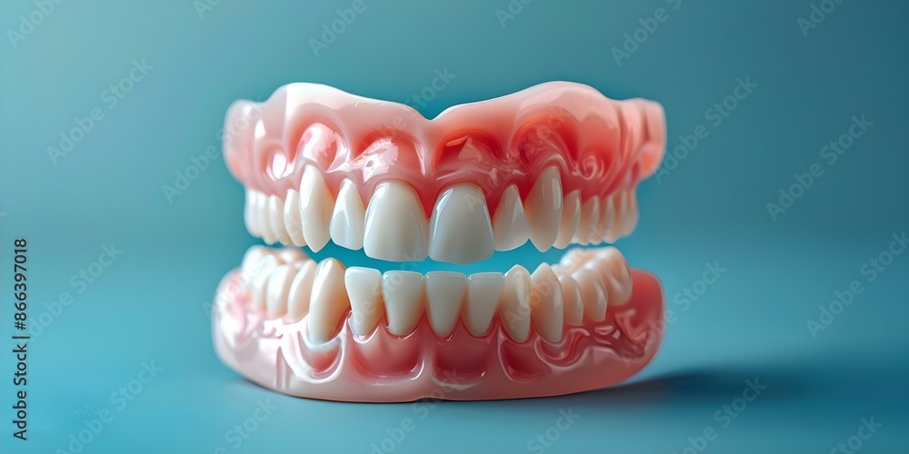 Fototapeta premium Closeup image of white plastic dentures on a plain background. Concept Product Photography, Dentures, White Plastic, Close-up Shot, Plain Background