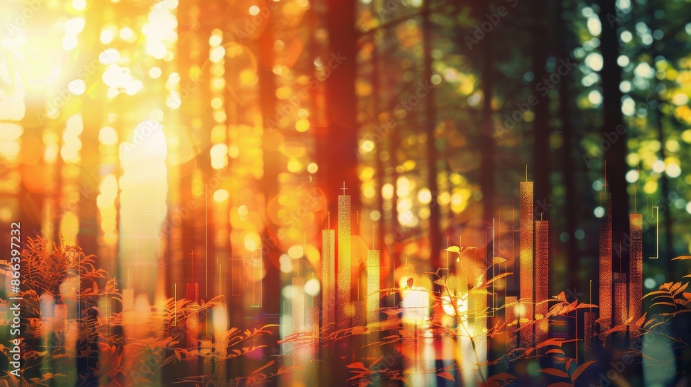 stock chart in a forest close up, focus on, copy space, rich earthy hues, Double exposure silhouette with Tengu myth stock chart in a forest close up, focus on, copy space, rich earthy hues, Double exposure silhouette with Tengu myth