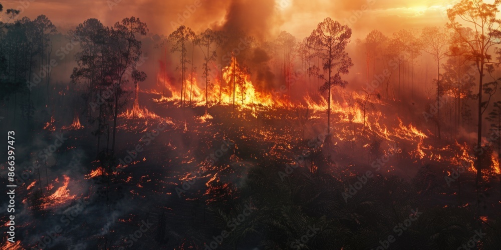 Rainforest fire, wildfire, smoke disaster is burning caused by humans during the dry season. Rainforest fire, wildfire, smoke disaster is burning caused by humans during the dry season.