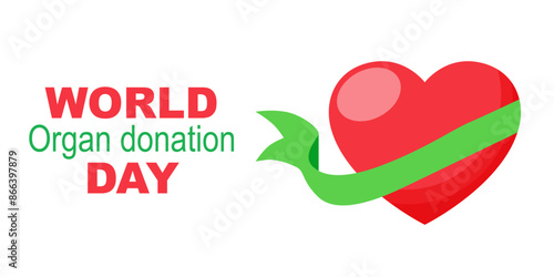 Banner International Organ Donor Day. Heart in green ribbon.