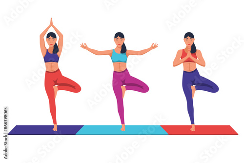 Vrikshasana pose. Young beautiful girls doing yoga on the mat. Meditation concept. Relaxation and rest. Healthy lifestyle. Vector illustration flat design.