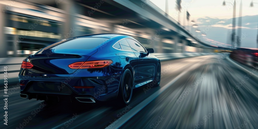 Rear view of blue Business car on high speed in turn. Blue car rushing along a high-speed highway Rear view of blue Business car on high speed in turn. Blue car rushing along a high-speed highway