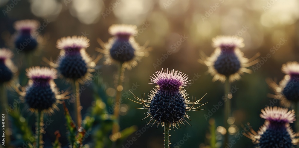 Abstract thistle silhouettes with bokeh background