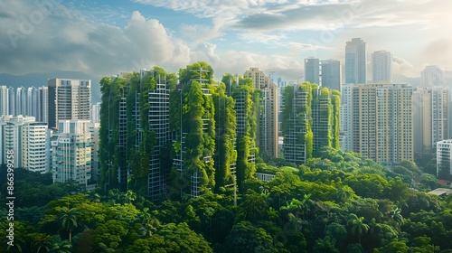 Eco Friendly Urban Skyline with Towering Verdant Structures © Thares2020