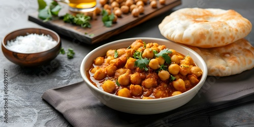 Spiced chickpeas and fluffy fried bread in a hearty chole bhature bowl. Concept Indian Cuisine, Chole Bhature, Chickpea Recipes, Vegetarian Dishes, Street Food photo