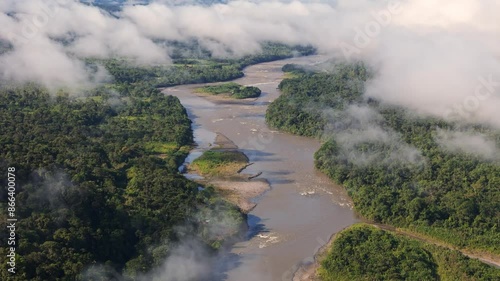 Drone footage of Pastaza River in Ecuador, South America, largest river in Ecuadorian Amazon photo