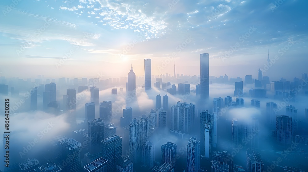 Misty City Skyline at Sunrise with Glowing Skyscrapers and Tranquil Atmosphere Misty City Skyline at Sunrise with Glowing Skyscrapers and Tranquil Atmosphere