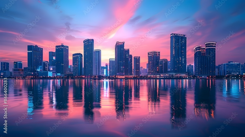 Fototapeta premium Magnificent Coastal Cityscape with Shimmering Reflections at Twilight