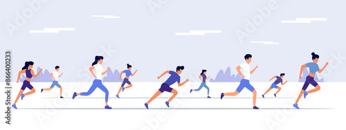 Group of people running a marathon. Marathon runners competing for victory in running. Healthy lifestyle concept. Vector illustration EPS 10