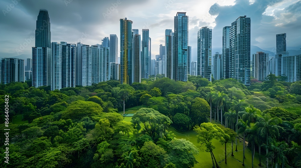 Obraz premium Towering Skyscrapers Surrounded by Lush Urban Parks and Green Spaces