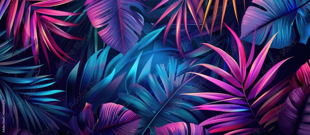 Vivid Tropical Background with Exotic Painted Palm Leaves for Summer Fashion. Vivid Tropical Background with Exotic Painted Palm Leaves for Summer Fashion.