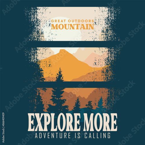 Mountain adventure vintage artwork. great outdoors. Explore more print design. Outdoor at the Mountain retro print design for t-shirt. National park graphic artwork for sticketor Artwork photo