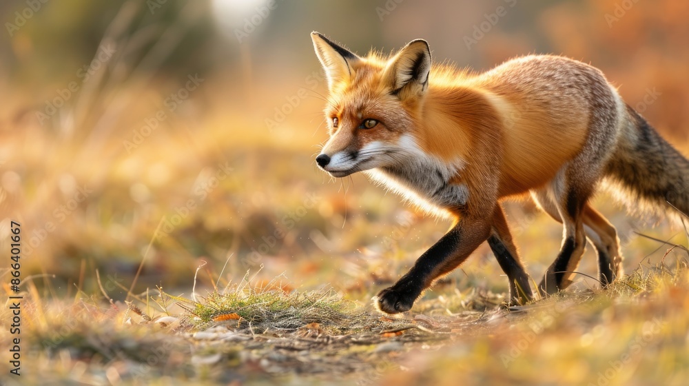 Obraz premium Red Fox hunting, Vulpes vulpes, wildlife scene from Europe. Orange fur coat animal in the nature habitat.