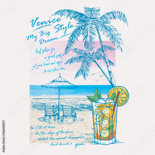 Tropical cocktails calligraphy slogan with cocktail glass on the beach hand-drawn vector illustration.Party poster design,Drinks,Cocktails, Set of vector illustrations,Typography,Vintage pencil sketch