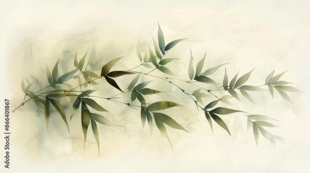 Fototapeta premium Watercolor painting of bamboo branches with green leaves, minimalist nature art, serene botanical illustration. Abstract nature art concept.