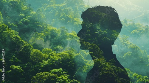 forestcovered mountain slopes close up, focus on, copy space, lush green tones, Double exposure silhouette with Griffin watching