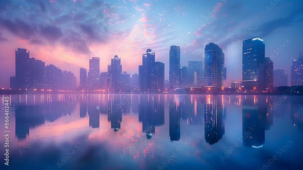 Fototapeta premium Majestic City Skyline Reflecting on Water at Twilight with Towering Skyscrapers