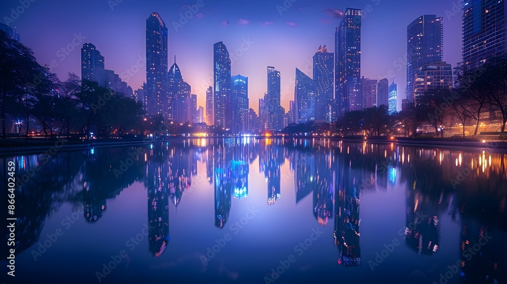 Fototapeta premium Stunning Skyline Reflections at Twilight in Vibrant Cityscape