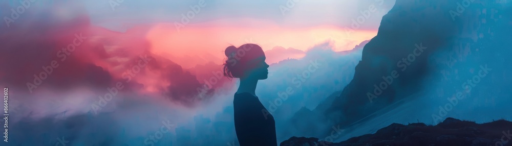mountain landscape with eerie fog close up, focus on, copy space, vibrant colors, Double exposure silhouette with Bauk mountain landscape with eerie fog close up, focus on, copy space, vibrant colors, Double exposure silhouette with Bauk