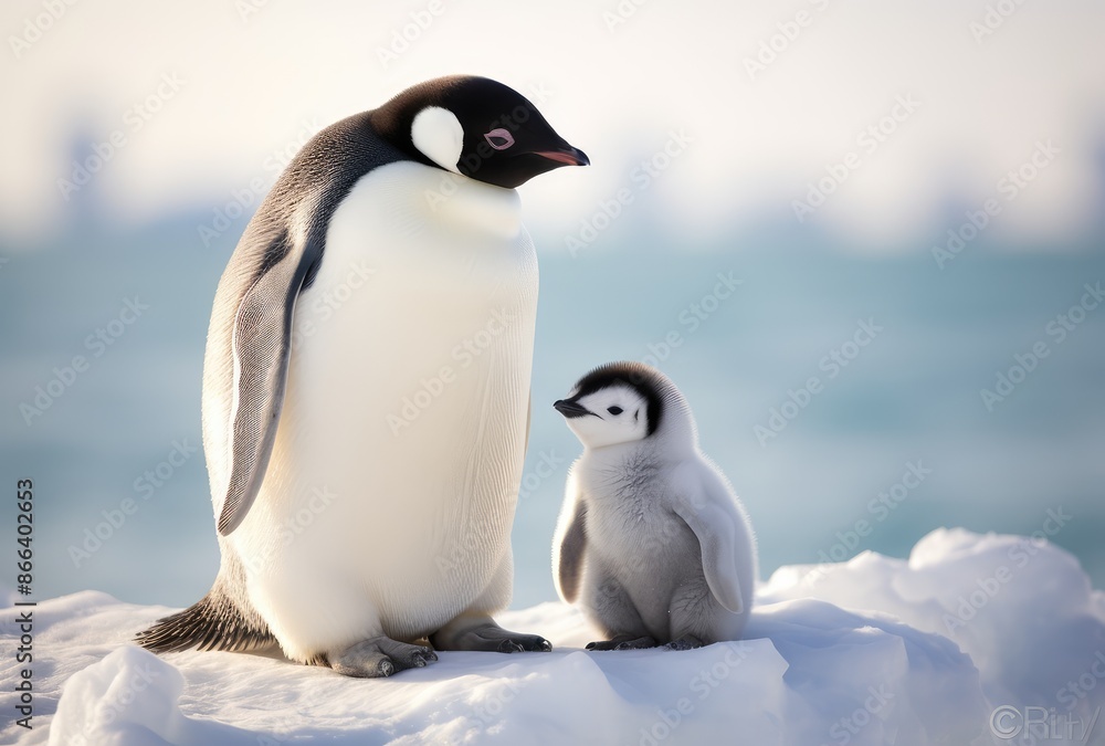 Obraz premium Emperor penguin and chick on the ice, Antarctic Peninsula, Antarctica