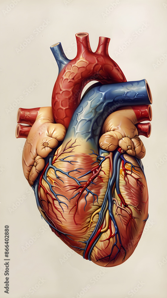 Naklejka premium Detailed Anatomical Illustration of the Human Heart Showing Major Structures and Functions