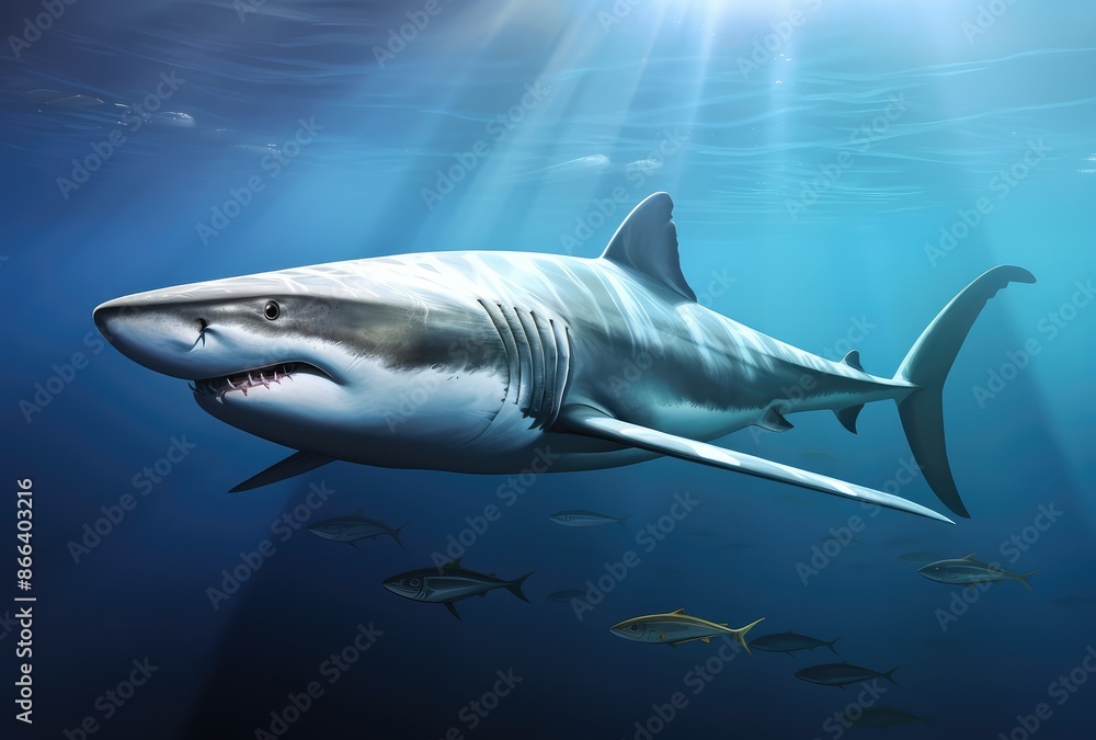 Great white shark in deep blue ocean. 3D render illustration. Great white shark in deep blue ocean. 3D render illustration.
