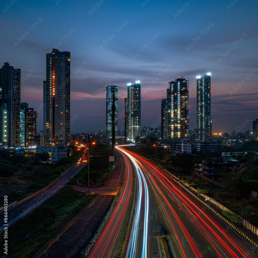Obraz premium Tricolor Light Trails Illuminating Urban Skyline on Indian Independence Day Evening