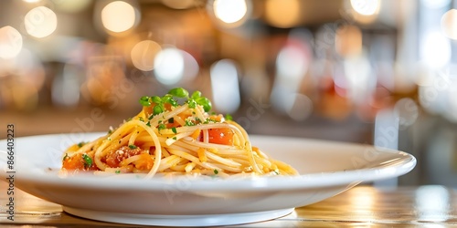 Background image of Beachbar with Spaghetti Aglio Olio on a plate. Concept Food Photography, Italian Cuisine, Beach Bar Setting, Spaghetti Aglio e Olio, Culinary Concept photo