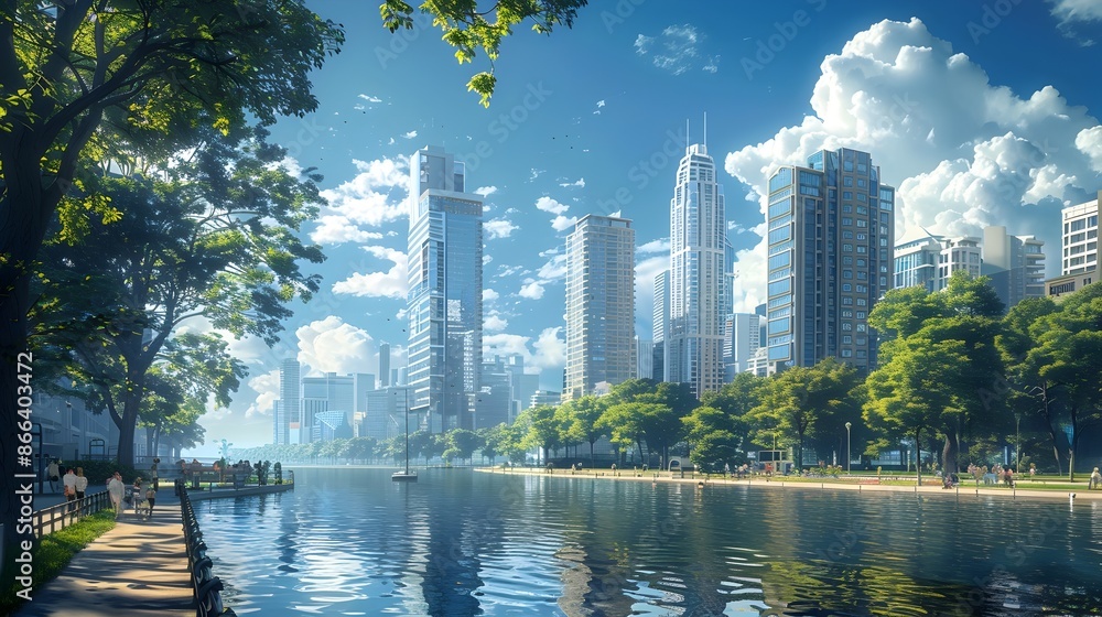 Fototapeta premium Towering Skyline and Riverfront Promenade in Vibrant City Concept