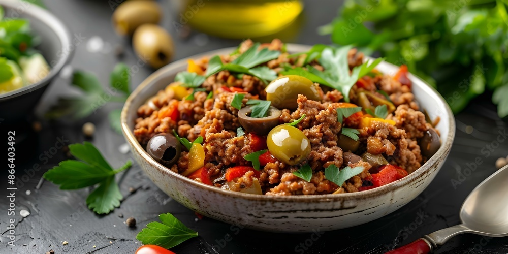 Cubanstyle ground beef with olives a flavorful and savory dish. Concept Cuban Cuisine, Ground Beef Recipes, Olive Dishes, Savory Flavors, Latin-inspired Cooking Cubanstyle ground beef with olives a flavorful and savory dish. Concept Cuban Cuisine, Ground Beef Recipes, Olive Dishes, Savory Flavors, Latin-inspired Cooking