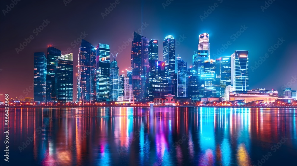 Fototapeta premium Mesmerizing Nightscape of a Futuristic City Skyline with Illuminating Skyscrapers Reflected on Water