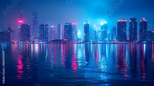 Glowing Cityscape Skyline with Vibrant Lights Illuminating Tall Buildings and River Reflection © Thares2020