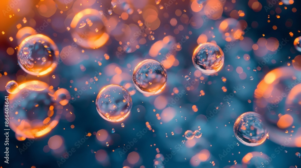 Abstract photo of soap bubbles with orange and blue colors in a macro shot with blurred background. Conceptual image of purity, beauty, and fantasy. Abstract photo of soap bubbles with orange and blue colors in a macro shot with blurred background. Conceptual image of purity, beauty, and fantasy.